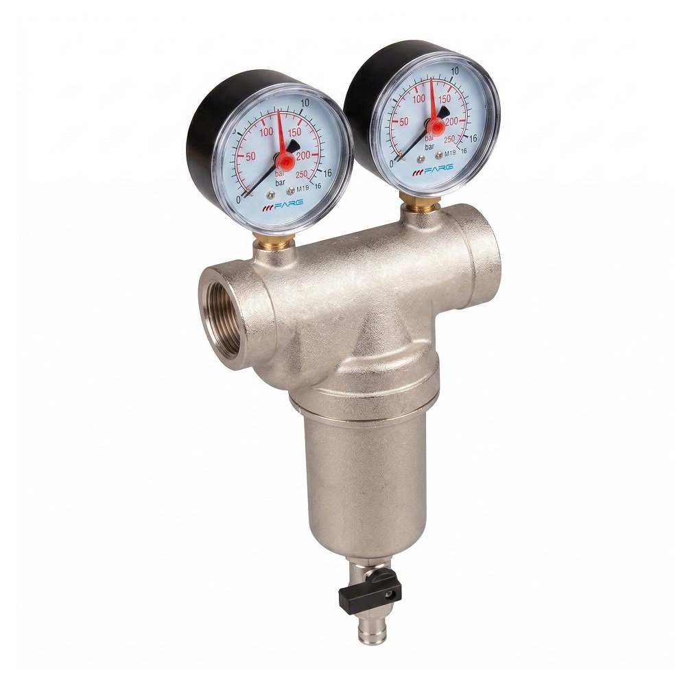 Фильтр самопромывной FARG   1/2" с манометрами, вн/вн, Tmax-80C, с сеткой 400 микрон